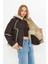 Hakiki Nubuk Deri Kapüşonlu Oversize Kadın Mont - Içi Kürklü - Kahverengi 65 cm - 115522 2