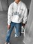 Erkek Oversize Yarım Fermuarlı Dik Yakalı Baskılı Sweatshirt Ekru 2
