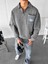 Erkek Oversize Önü Cepli Yarım Fermuarlı Sweatshirt Gri 3