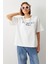 Ekru Pamuklu Baskı Detaylı Bisiklet Yaka T-Shirt 5