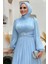 Balon Kol Pileli Abiye Elbise 7013 Bebe Mavisi 4