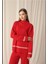 Kadın Çizgili Balıkçı Yaka Pantolonlu Triko Takım Kırmızı Oversize 3