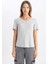 Kadın Gri Slim Fit Dar Kesim V Yaka Düz Basic %100 Pamuk Kısa Kollu Tişört B0647AXNS 3
