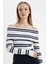 Slim Fit Dar Kesim Çizgili Açık Omuz Triko Kazak C8914AX24WN 1