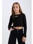 Kız Çocuk Slim Fit Dar Kesim Bisiklet Yaka Fitilli Kaşkorse Uzun Kollu Siyah Tişört D0705A824AU 1