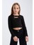 Kız Çocuk Slim Fit Dar Kesim Bisiklet Yaka Fitilli Kaşkorse Uzun Kollu Siyah Tişört D0705A824AU 3