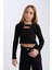 Kız Çocuk Slim Fit Dar Kesim Bisiklet Yaka Fitilli Kaşkorse Uzun Kollu Siyah Tişört D0705A824AU 4