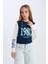 Kız Çocuk Cropped Fit Bisiklet Yaka Baskılı Fitilli Kaşkorse Uzun Kollu Tişört D3433A824WN 3