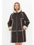 Nubuk Deri Kapüşonlu Oversize Kadın Kaban - Içi Kürklü - Kahverengi 90 cm - 113422 1