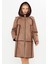 Deri Kapüşonlu Oversize Kadın Kaban - Içi Kürklü Bordo - Kahverengi 90 cm - 113422 1