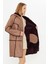 Deri Kapüşonlu Oversize Kadın Kaban - Içi Kürklü Bordo - Kahverengi 90 cm - 113422 2