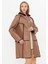 Deri Kapüşonlu Oversize Kadın Kaban - Içi Kürklü Bordo - Kahverengi 90 cm - 113422 3