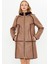 Deri Kapüşonlu Oversize Kadın Kaban - Içi Kürklü Bordo - Kahverengi 90 cm - 113422 4