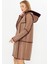 Deri Kapüşonlu Oversize Kadın Kaban - Içi Kürklü Bordo - Kahverengi 90 cm - 113422 5
