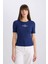 Slim Fit Dar Kesim Bisiklet Yaka Baskılı Fitilli Kaşkorse Kısa Kollu Tişört E5070AX25SP 3