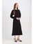 Relax Fit Bisiklet Yaka Krep Uzun Kollu Maxi Siyah Elbise D7485AX24WN 5