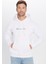 Unisex Oversize Geniş Kesim Pamuklu Yumuşak Dokulu İçi Polarlı Baskılı Beyaz Kapüşonlu Sweatshirt 4