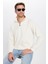Unisex Relax Fit Rahat Kesim Fitilli Desenli Pamuklu Yarım Fermuarlı Ekru Dik Yaka Sweatshirt 3