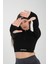 Siyah Uzun Kollu Parmak Geçirme Detaylı Spor Fitness Yoga Kadın Crop Top-Sporcu Üst 1