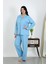 Kadın Büyük Beden Pamuklu Cepli Düğmeli Mavi Pijama Takım 202504 4