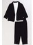 Erkek Çocuk Kruvaze Yaka Kesim Çift Cepli Keten Blazer Ceket Penye T-Shirt Siyah Keten Alt Üst Takı 2