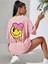 Pink Love Baskılı Pembe Oversize Salas Boyfriend Kadın T-Shirt Top Bluz 3