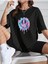 Melting Smile Baskılı Siyah Oversize T-Shirt Salaş Boyfirend 1
