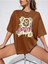 Bear Baskılı Kadın Oversize Kahverengi T-Shirt 1
