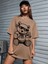 Bear With Glasses Baskılı Kadın Oversize Kahverengi T-Shirt 1