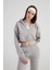 Kadın Gri Kapüşonlu Uzun Kol Fermuarlı Crop Mixed Sweat 2