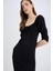 Bodycon Vücudu Saran Kare Yaka Yırtmaçlı Basic Düz Bürümcük Yarım Kol Siyah Midi Elbise E0885AX25SP 2