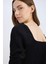 Bodycon Vücudu Saran Kare Yaka Yırtmaçlı Basic Düz Bürümcük Yarım Kol Siyah Midi Elbise E0885AX25SP 4