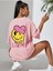 Pink Love Baskılı Pembe Oversize Salas Boyfriend Kadın T-Shirt Top Bluz 3