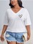 Kadın V Yaka Baskılı & Düz Beyaz Oversize T-Shirt Salaş Boyfirend 3