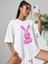 Beyaz Oversize T-Shirt Pembe Tavşan Baskılı 2