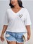 Kadın V Yaka Baskılı & Düz Beyaz Oversize T-Shirt Salaş Boyfirend 3