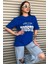 Houston Baskılı Kadın Oversize Saks Mavi Salas T-Shirt Boyfriend 1