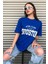 Houston Baskılı Kadın Oversize Saks Mavi Salas T-Shirt Boyfriend 4