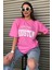 Houston Baskılı Kadın Oversize Saks Mavi Salas T-Shirt Boyfriend 3