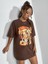 Retro Baskılı Kadın Oversize Kahverengi T-Shirt 3
