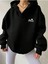 Unisex V-Yaka Kapüşonlu Basic Kol Baskılı Oversize Swetshirt 1