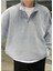 Gri Dik Yaka Yarım Fermuarlı Düz Kazak Sweatshirt 1