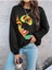 Turuncu Yüz Baskılı Bisiklet Yaka Ünisex Siyah Oversize Sweatshirt 1