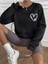 Patili Kalp Baskılı Bisiklet Yaka Ünisex Siyah Oversize Sweatshirt 1