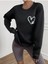 Patili Kalp Baskılı Bisiklet Yaka Ünisex Siyah Oversize Sweatshirt 2