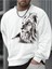 Aslan Baskılı Beyaz Bisiklet Yaka Ünisex Oversize Sweatshirt 1