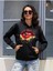 Kırmızı Dudak Baskılı Ünisex Siyah Kapüşonlu Oversize Sweatshirt 1