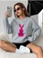 Especıally Tavşan Baskılı Bisiklet Yaka Ünisex Gri Oversize Sweatshirt 1