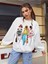 Gözlüklü 3 Kadın Baskılı Bisiklet Yaka Ünisex Beyaz Oversize Sweatshirt 1