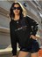 Kalp Detaylı Baskılı Kadın Oversize Siyah Sweatshirt 1